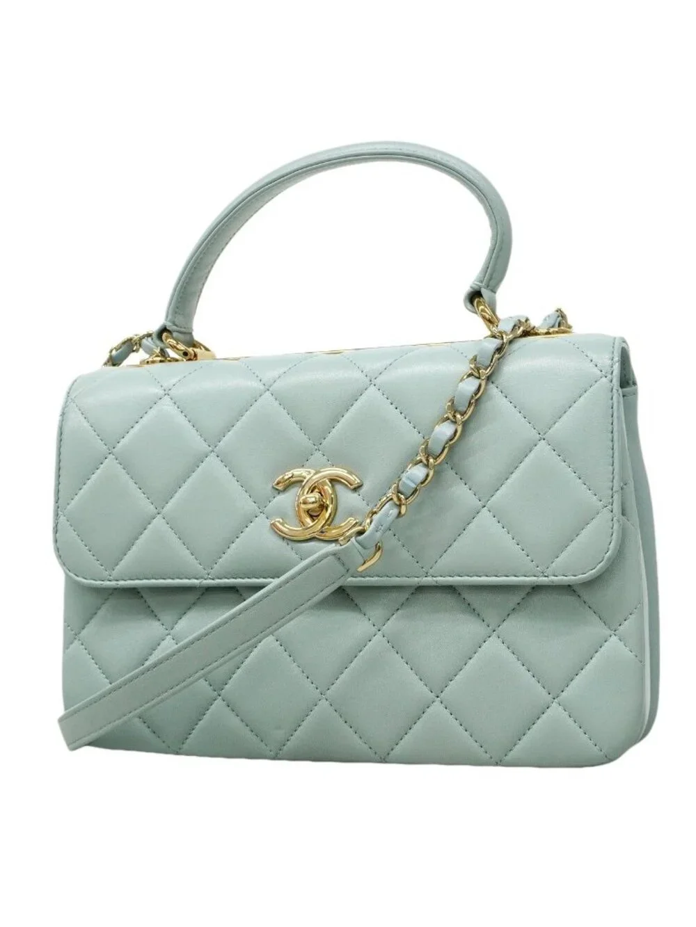 Chanel Handbag Quilted Lambskin Light Blue Champagne Gold 2-Way